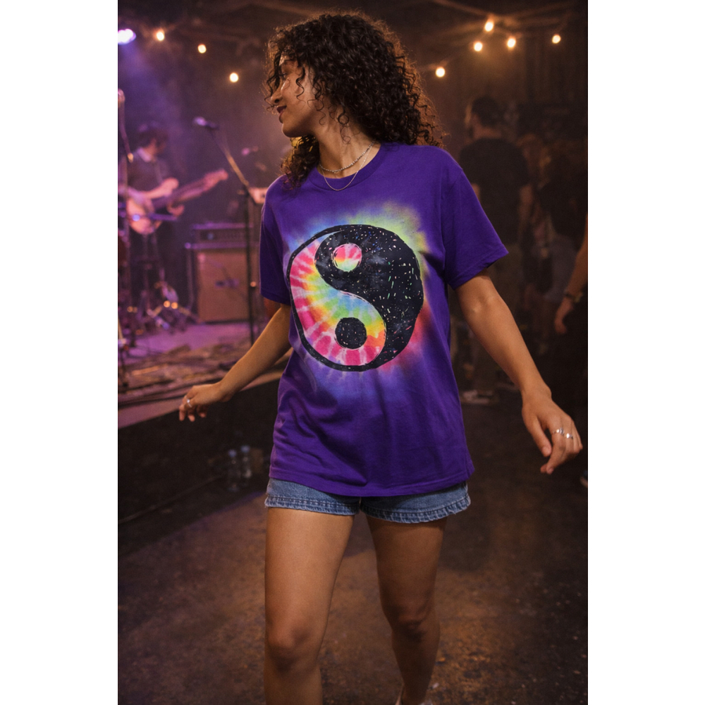 DOM Graphic Tee Size S Cotton Yin Yang Tie Dye Purple Festival Shirt